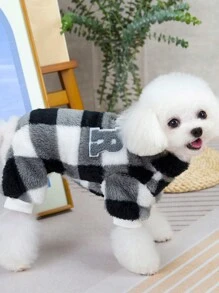 PETSIN 黑白格子保暖内衬宠物连体衣，附带皮带，秋冬季 - 灰色 - 查看 2