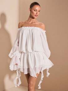 SHEIN BAE 优雅甜美法式纯白色露肩长袖衬衫裙，泡泡袖，不对称荷叶边饰边，适合浪漫约会、生日派对、伴娘服、晚礼服 - 白色 - 查看 8