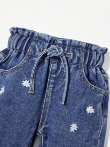Baby Girl Fried Snowflake + Paper Bag Waist Floral Embroidery Denim Pants,Holiday,Summer,Travel