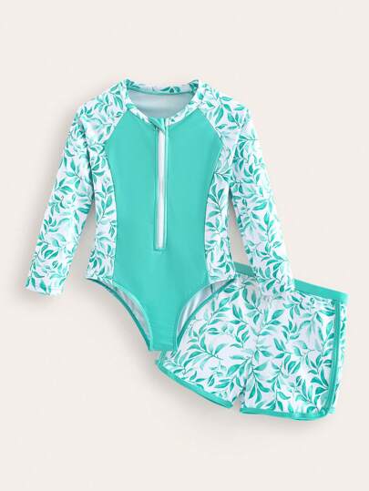 Young Girls One-Pieces Little Girl Two Pieces Swimsuit, With A One-Piece Swimsuit Inside, Green Leaf Print Sleeves, Front With Zipper And Solid Color Splicing, Bottom Green Leaf Print With Solid Color Binding, Suitable For Surfing At The Seaside, Suitable For Summer.