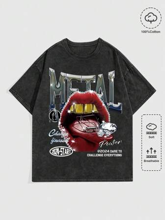 Street Life Camiseta de manga corta con estampado de labios y letras apta para hombre, adecuada para primavera y verano, escuela