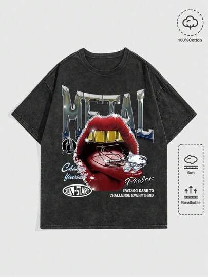 Street Life Camiseta de manga corta con estampado de labios y letras apta para hombre, adecuada para primavera y verano, escuela
