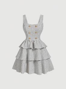 SHEIN MOD Vestido evasé de doble botonadura estilo académico con múltiples capas sin mangas, disfraz calado, disfraz de princesa para mujer, vestido de baile de máscaras