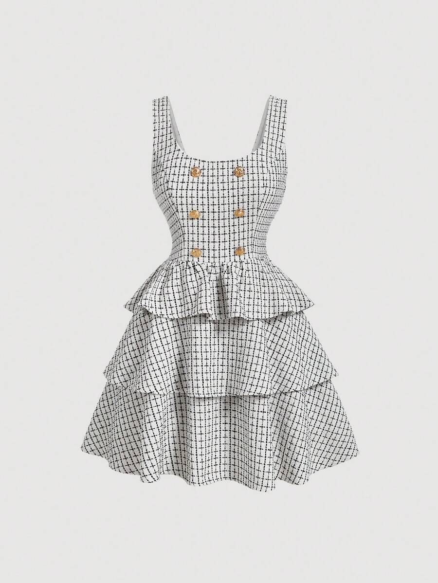 SHEIN MOD 学院风双排扣多层无袖溜冰裙、镂空服装、公主女士服装、化妆舞会礼服 - 白色 - 查看 1