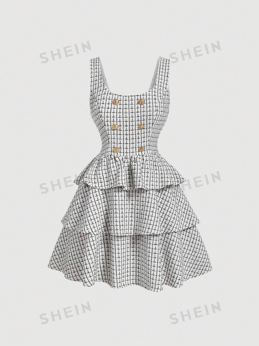 SHEIN MOD Vestido evasé de doble botonadura estilo académico con múltiples capas sin mangas, disfraz calado, disfraz de princesa para mujer, vestido de baile de máscaras