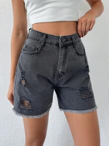 Cottnline Women Front Button Pocket Ripped Minimalist Casual Shorts - Grey - View 4