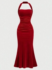 SHEIN Girlism Teen Girls' Red Sleeveless Ruched Waist Velvet Elegant Party Mermaid Halter Dress - Red - View 3