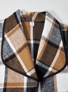 Tween Girls Autumn/Winter Formal Casual Vintage Elegant Design Oversized Collar Plaid Long Vest Jacket Paired With Colorblock Long Sleeve Dress, Suitable For Daily Commute, Casual, Street Style And Family Gatherings