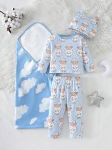 1 set Traje de niña bebé con estampado de ovejas lindos, que incluye 2 piezas: top de manga larga + pantalones con sombrero y almohadilla, conjunto de ropa para estar en casa - Multicolor - Ver 1