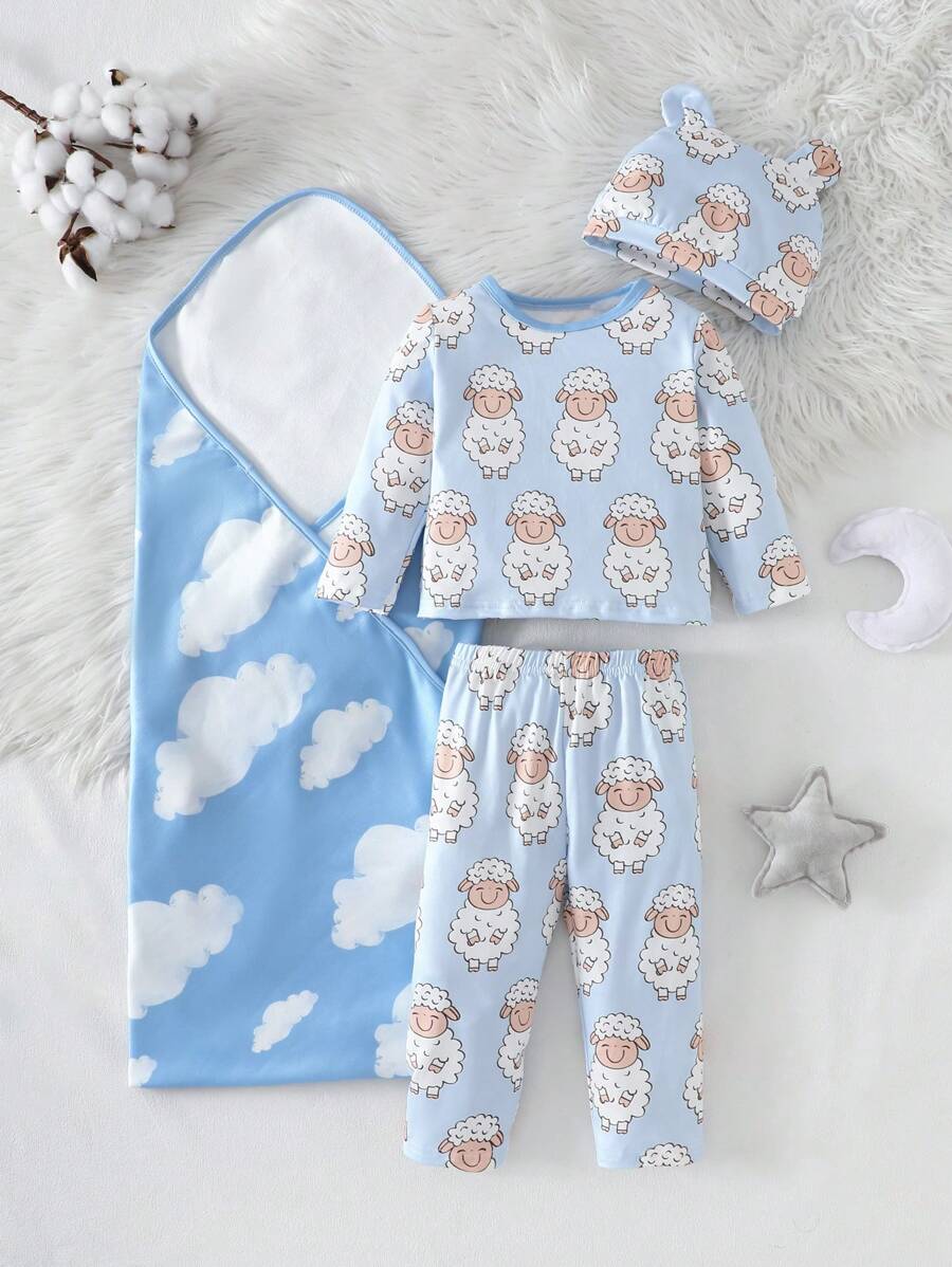 1 set Traje de niña bebé con estampado de ovejas lindos, que incluye 2 piezas: top de manga larga + pantalones con sombrero y almohadilla, conjunto de ropa para estar en casa - Multicolor - Ver 1