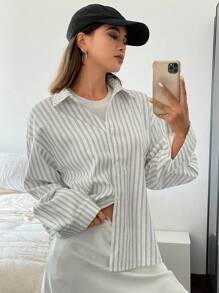 Livesso Striped Loose Long Sleeve Collared Women Blouse,Long Sleeve Tops