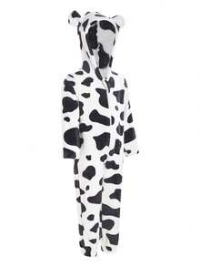 Pijama con capucha y pies de franela para niño, estampado de vaca en blanco y negro, conjuntos a juego para toda la familia (Mamá y yo, 4 piezas se venden por separado) - Blanco y Negro - Ver 5