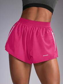 Easithlete 拼色口袋字母印花分层运动短裤 - 玫紅色 - 查看 7