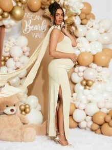 Loomaby Casual Solid Color Side Slit Strap Maternity Dress For Summer,Autumn For Baby Shower Party - Apricot - View 5