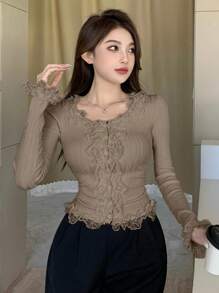 DAZY 女式纯色荷叶边拼接长袖修身开衫，秋季，返校服装，秋季女装 - 咖啡棕 - 查看 3