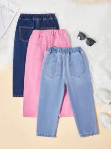 SHEIN 女童牛仔裤，多色拼接牛仔布，学院风，舒适棉质面料，休闲优雅，粉色、浅蓝色和深蓝色撞色设计，三色搭配，百搭柔软，适合日常出行、聚会、旅行、返校、户外活动和通勤。 - 彩色 - 查看 2