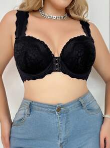 Plus Size Underwire Wave Trim Strap Front Closure Bra - Black - View 4