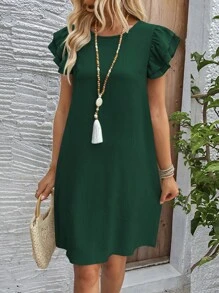 EMERY ROSE Đầm suông cổ tròn nhiều lớp màu trơn cho kỳ nghỉ hè dành cho nữ - Màu xanh lá cây đậm - Xem 3