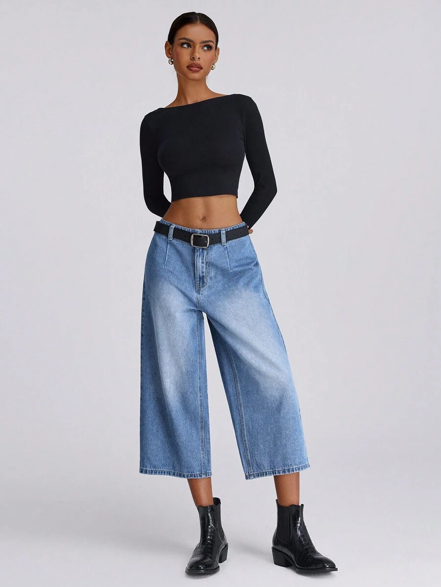 Forever 21 女士褶裥阔腿宽松休闲百搭七分牛仔裤 - 藍色 - 查看 1