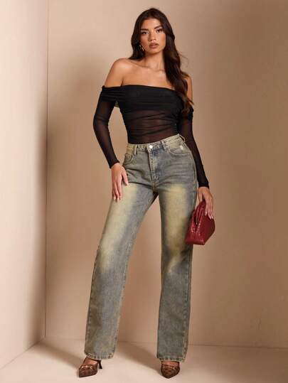 SHEIN BAE Body ajustado para mujer con hombros descubiertos, de unicolor, con parches de malla transparente y fruncido, adecuado para Halloween