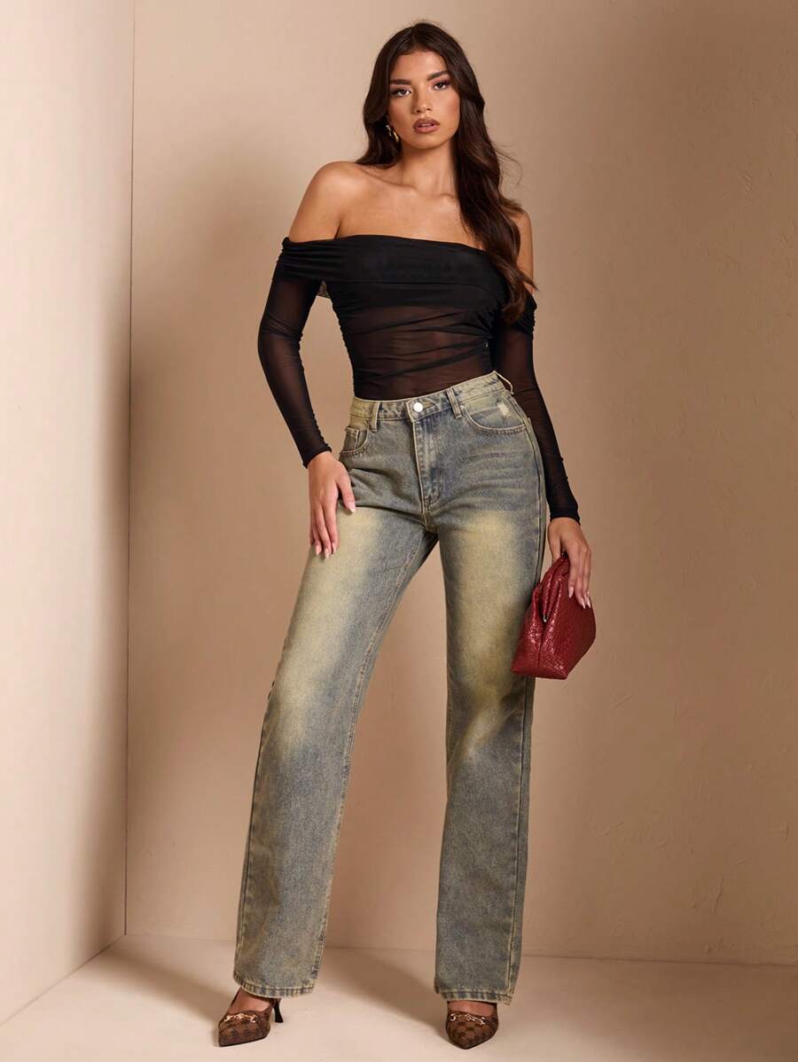 SHEIN BAE Body ajustado para mujer con hombros descubiertos, de unicolor, con parches de malla transparente y fruncido, adecuado para Halloween - Negro - Ver 1