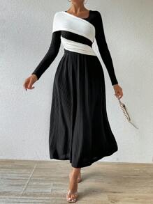 Chiquease Women's Asymmetric Neckline Colorblock Ruched Long Sleeve Casual Dress - Black - View 3