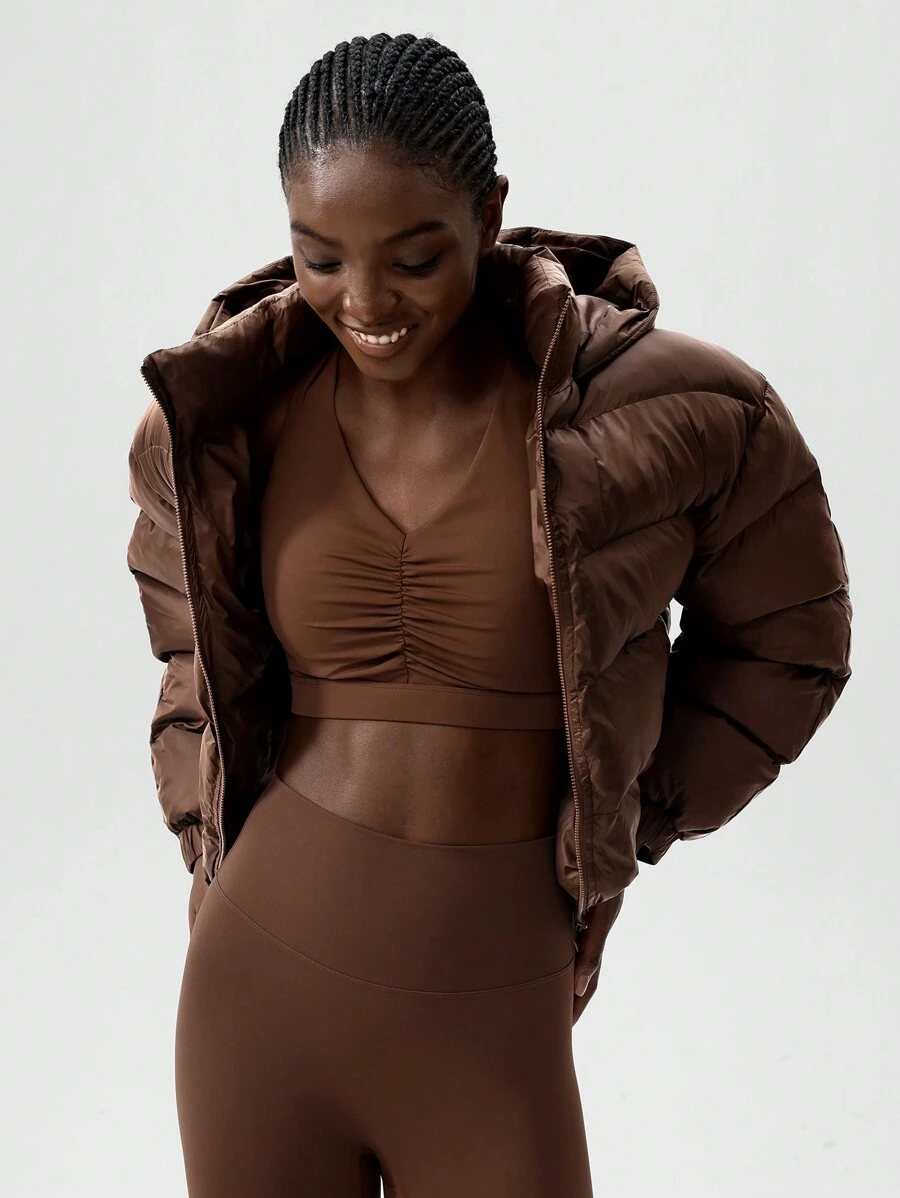 VARSITIE 高领连帽宽松袖口女士运动棉服外套 - 棕色 - 查看 1