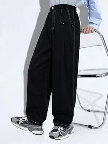 1 quần dài thường ngày sọc tương phản cho bé trai tuổi teen, phù hợp cho các môn thể thao mùa thu/đông và mặc hàng ngày - màu đen - Xem 4