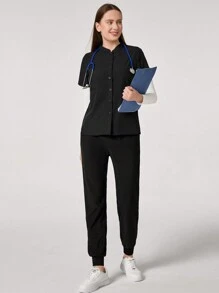 TaskEZ Blusa de mujer con cuello alto y abotonadura sencilla, de manga corta, uniforme de oficina