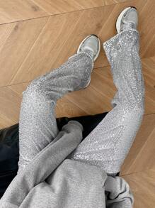 RosyDaze 女式低腰简约休闲珍珠亮片直腿及地长裤 - 銀色 - 查看 6