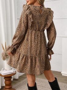 SHEIN Maternity Frenchy All-Over Print Ruffle Trim Flounce Sleeve Nursing Dress, Autumn - Brown - View 2