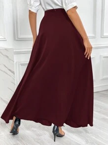 SHEIN Essnce 女士纯色高腰简约 A 字裙，休闲日常穿着 - 酒紅色 - 查看 2