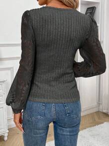 SHEIN Frenchy Women's Casual Jacquard Patchwork Long Sleeve Blouse, For Autumn Winter - Grey - View 2