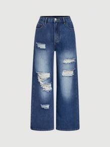 SHEIN Jeans anchos de verano con pierna ancha, lavado vintage, rasgados para niñas preadolescentes Y2K, con bolsillo en sesgo. Conjunto de ropa de primavera y verano para niñas