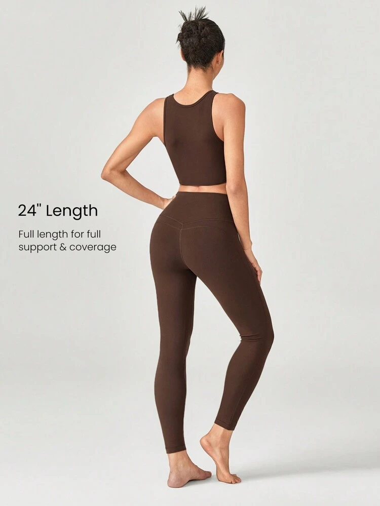24" FeatherFit™ Cropped Running Leggings Booty Sculpt Tummy Control Fitness Tights With Hidden Front Pocket Gym