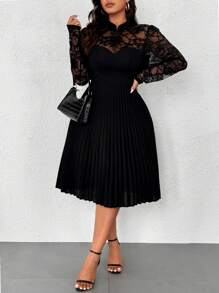 Vionelle 优雅浪漫蕾丝褶皱长袖加大码连衣裙