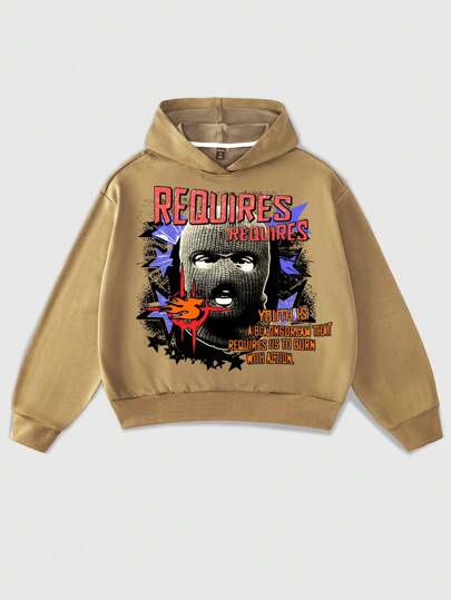 Street Life Men Loose Short Graphic Character Slogan Print Hoodie, Vintage Street Style