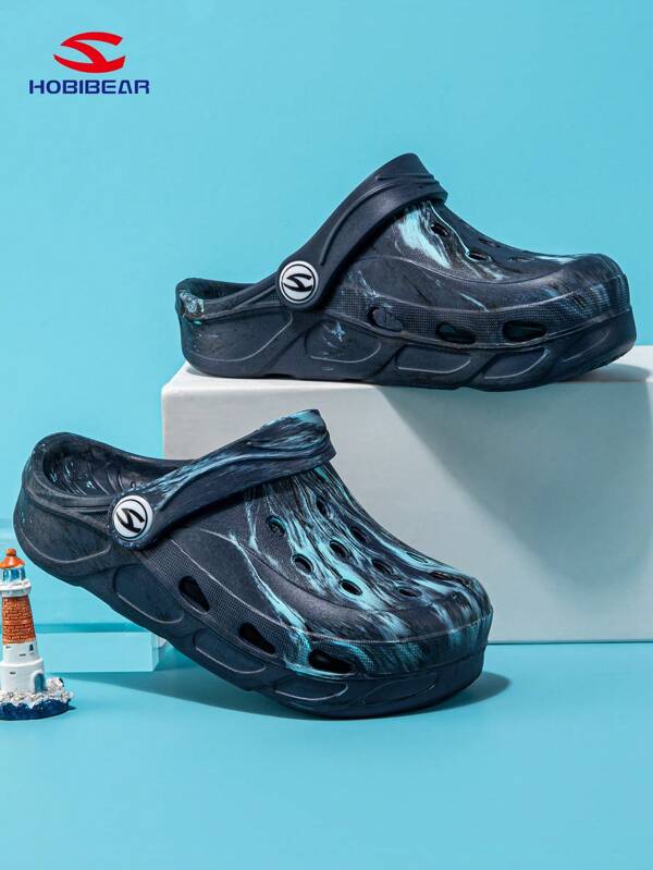 1 Pair HOBIBEAR Navy Wooden Clogs Patterned Children's Shoes, Soft Toddler Infants Prewalker Breathable Hole Shoes, Fashionable Slippers Suitable For Boys Girls, All Seasons