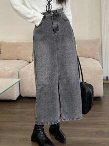 DAZY Women Casual Washed Denim Slit A-Line Skirt, Autumn/Winter Jeans Skirt