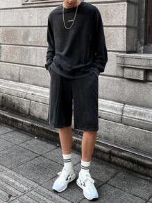 Manfinity VCAY 2pcs Men's Knit Fashion Casual Young Salt & Pepper Loose Fit Long Sleeve Sweatshirt & Elastic Waist Shorts Set