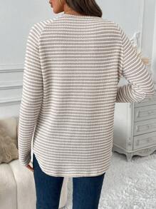 SHEIN LUNE 秋季休闲女式条纹长袖宽松 T 恤，学院航海风格 - 卡其色 - 查看 2