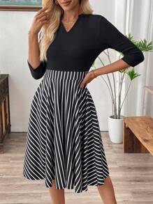 EMERY ROSE Women's Autumn V-Neck 3/4 Sleeve Striped Hemline Elegant Commuting Dress - Black - View 4