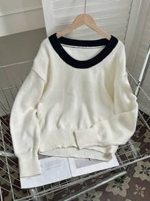 SHEIN LUNE Suéter holgado de punto con bloque de color y cuello redondo, casual para otoño e invierno - Blanco y Negro - Ver 5