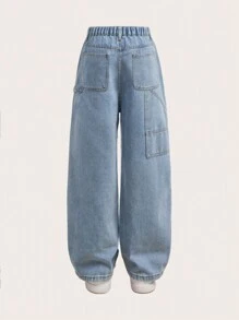 SHEIN Teens Boys' Casual Contrast Color Pasted Graffiti Pattern Frayed Hem Straight Jeans - Medium Wash - View 2