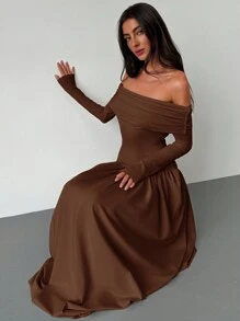 Aloruh New Apricot Off-Shoulder High Waist A-Line Long Sleeve Bodycon Dress, Stretchy & Slimming, Summer Dresses For Women,Tea Party Dress