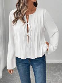SHEIN LUNE Women's Bow Tie Pleated A-Line Bell Sleeve Casual/Office Blouse, Elegant For Autumn/Winter