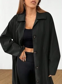 SHEIN EZwear Women's Solid Color Front Button Casual Long Mid-Length Trench Coat In Fall/Winter - Black - View 7