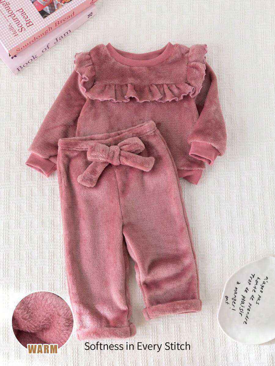 Cozy Pixies 2 件/套 女婴纯色针织柔软圆领荷叶边下摆长袖运动衫和松紧腰长裤