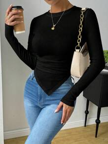 RosyDaze Camiseta minimalista de mujer de cuello redondo, manga larga, plisada, de unicolor, para uso casual diario