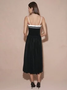 Enchnt Women's Velvet Elegant Dress, Black And White Contrast Tie, Front Button, Bow Tie Design, Spaghetti Straps Long Black Dress,Fall Women Dress,Winter Women Clothes - Black and White - View 2